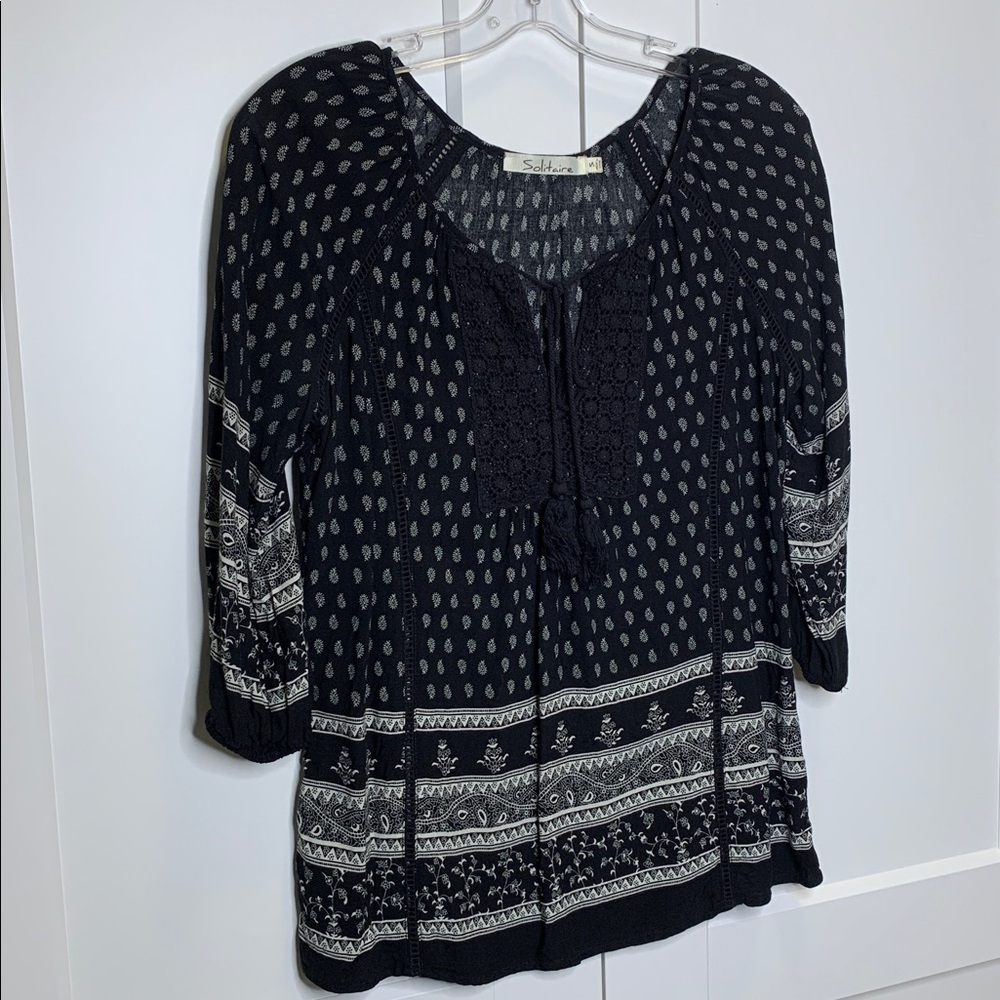 Solitaire Black and White Peasant Blouse 3/4 Length Sleeve & Embroidery Details
